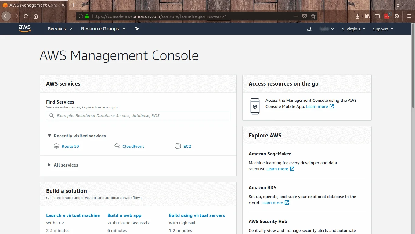 AWS management console dashboard