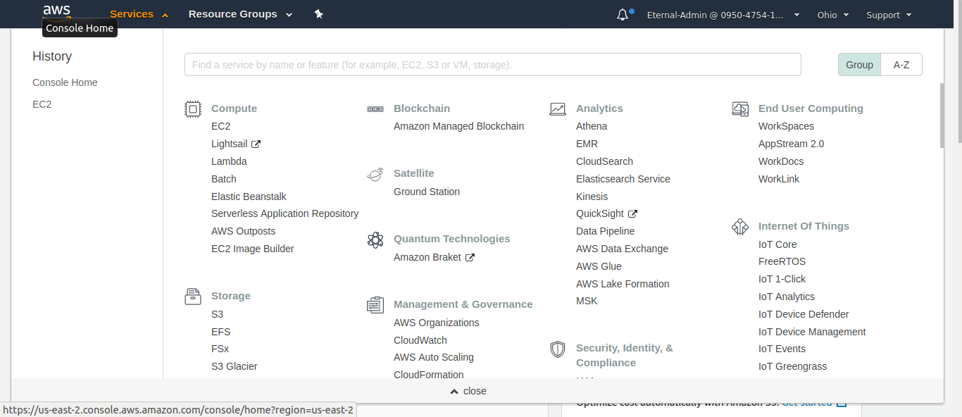 AWS dashboard click on service