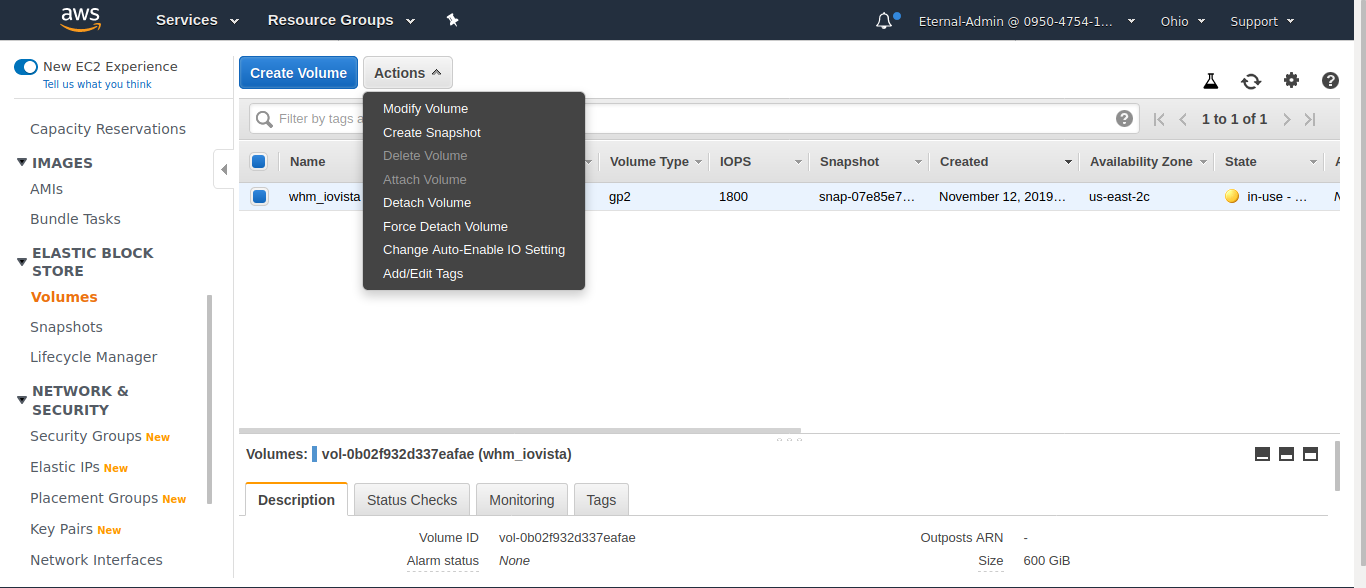 AWS EC2 console select actions create snapshot