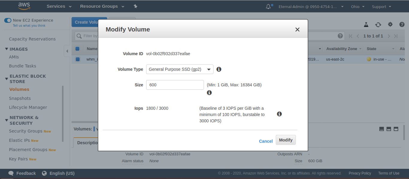 AWS EC2 console select size of the volume