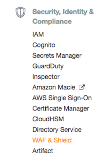 AWS console select WAF & Shield