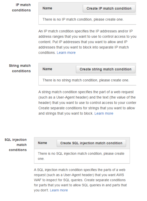 WAF Conditions selection options