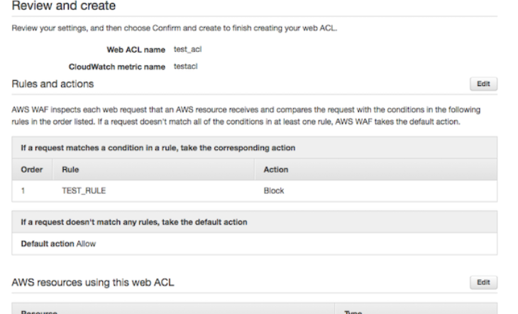 Review and confirm create WAf console