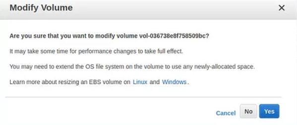 Modify volume to increase size of EBS volume