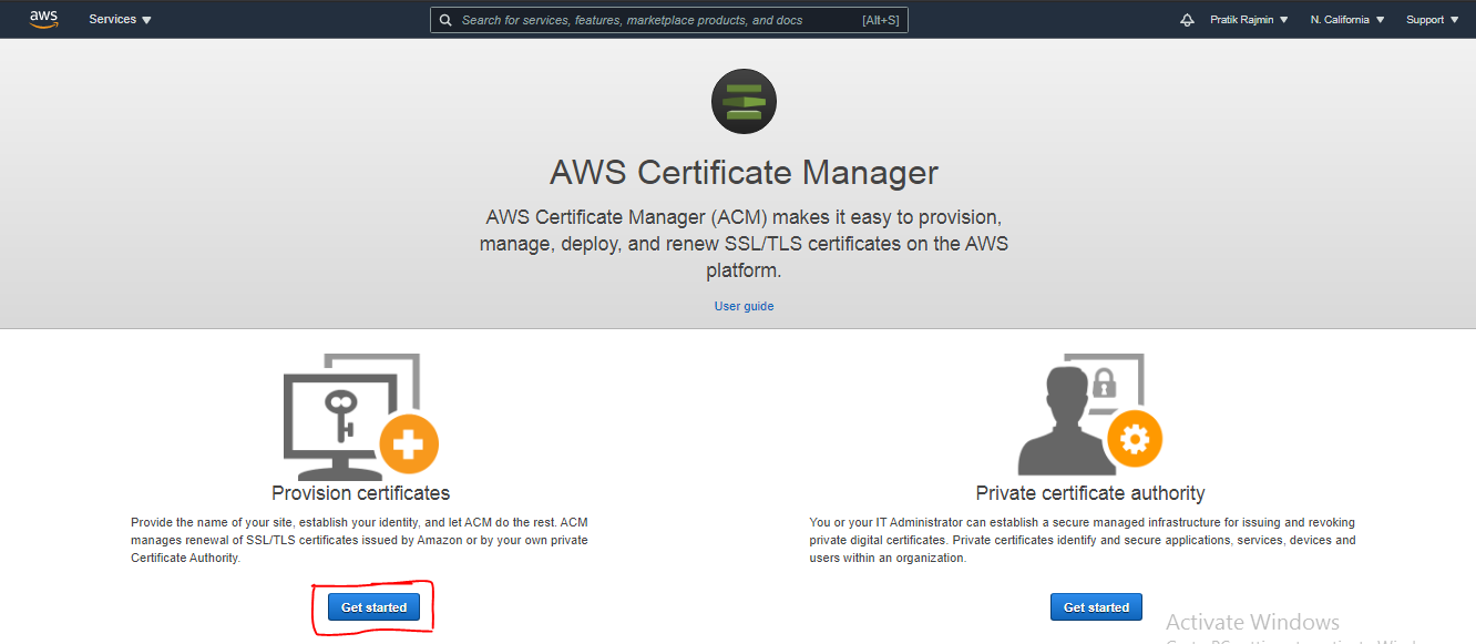 Aws Certificate manager dashboard to get started with provision certificates