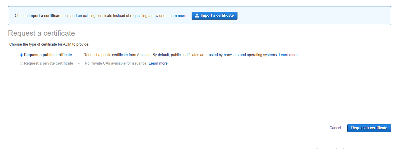 Request a public certificate and click Request a certificate.