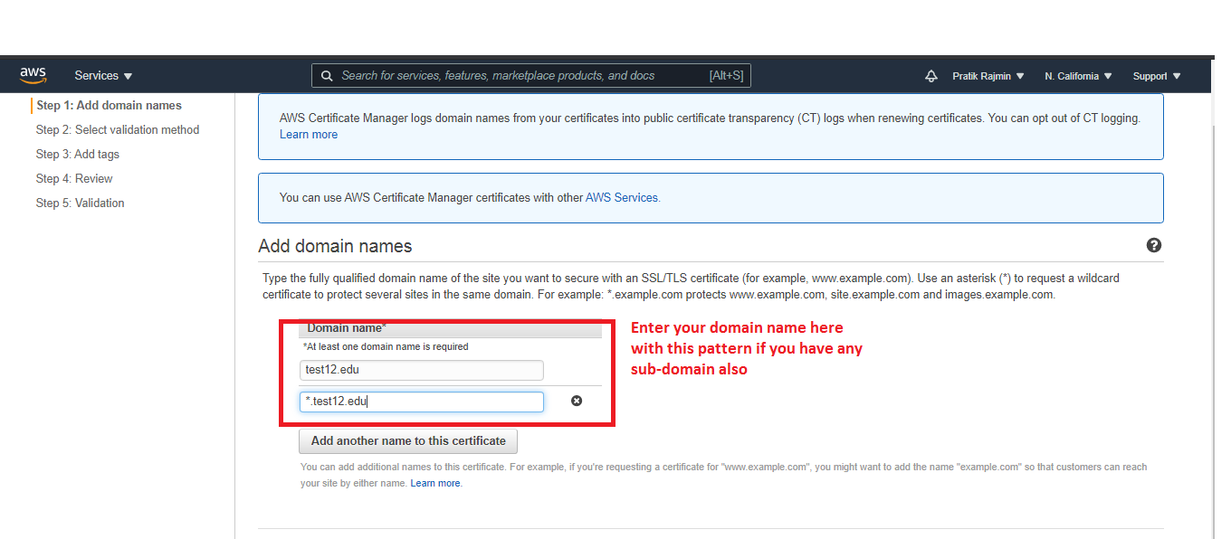 Add domain names aws services certificate manage