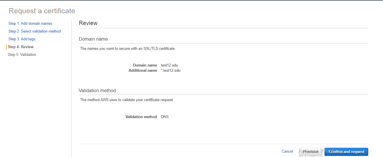 Request a certificate select validation method to DNS validation