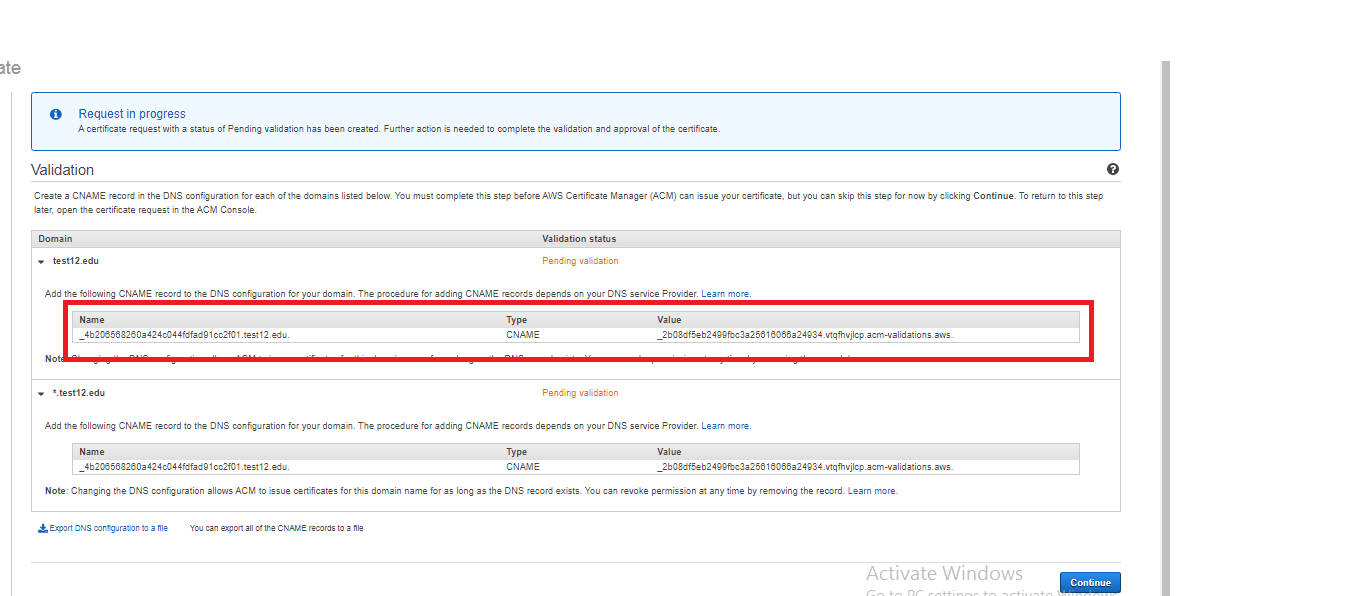 Review the DNS info and click confirm and request