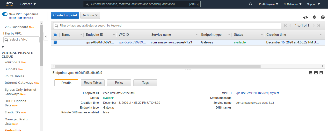 AWS console VPC endpoint created successful