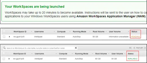 status of Amazon WorkSpace
