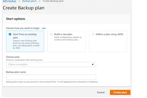 AWS backup create plan setup options